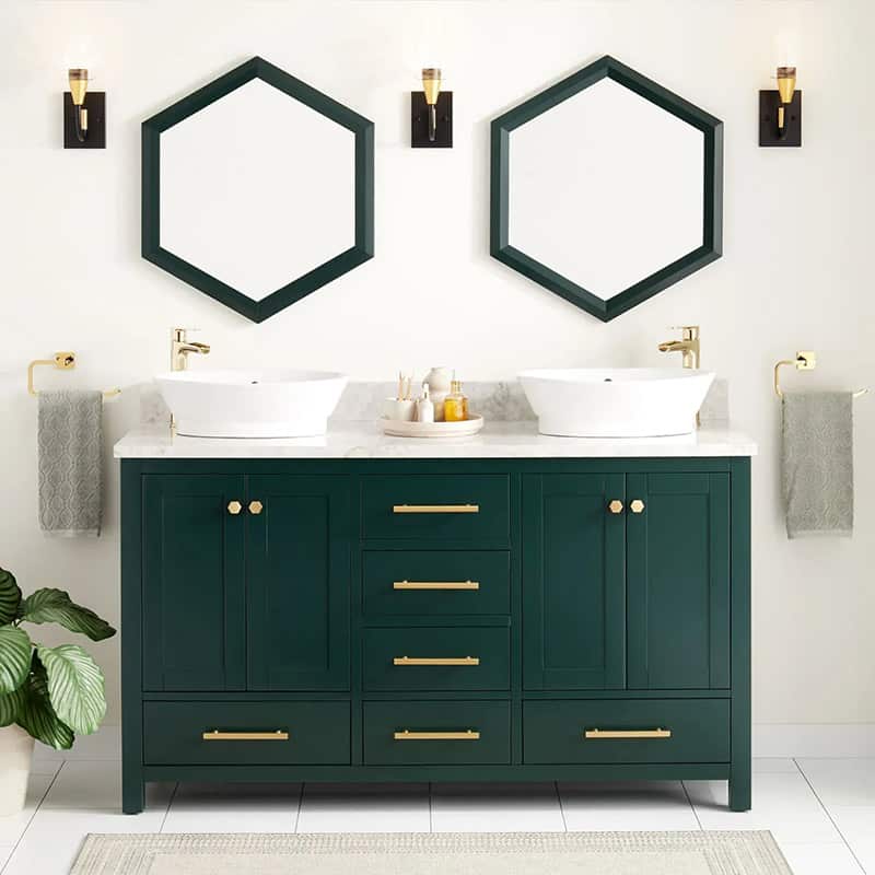 Modern Bathroom With Vanity And Hexagon Mirrors