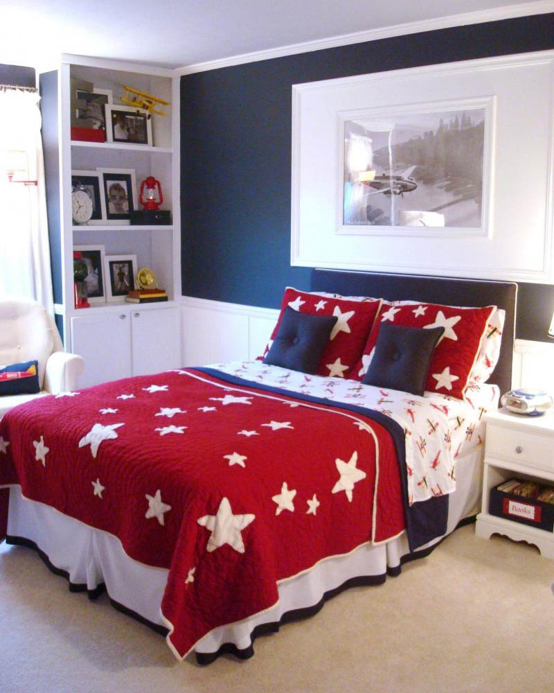 Red Bed And Blue Paint Wall