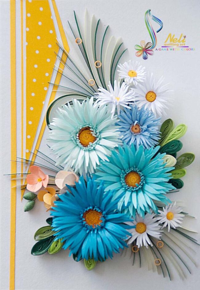 Blue Floral Quilling on Yellow