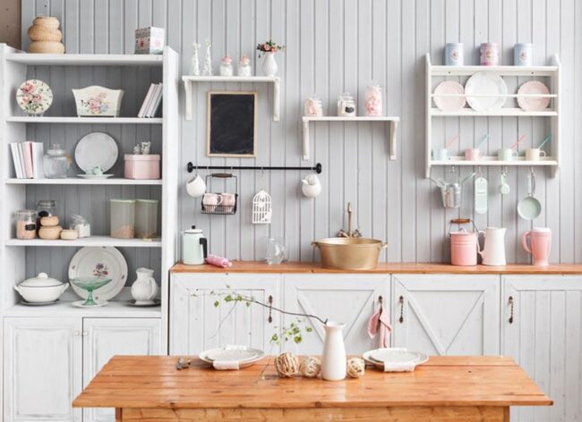 Creative Kitchen Decor with Cups and Shelves
