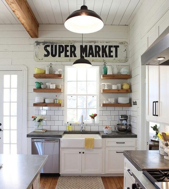 Open Shelves and Vintage Super Market Sign
