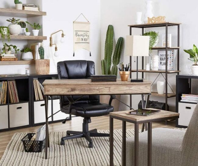 Natural Wood and Plants in Bedroom Office