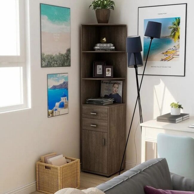 Modern Corner Bookcase with Drawers