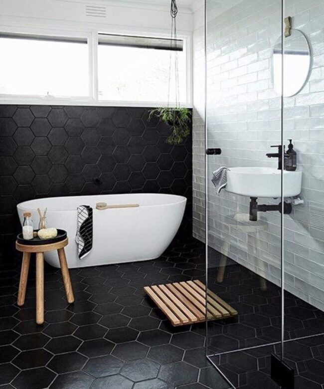 White and Black Bathroom with Wooden Accents