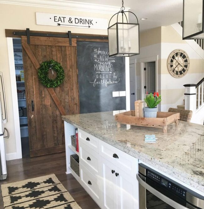 Rustic Sliding Door with Wall Sign and Chalk Board For Weekly Menu