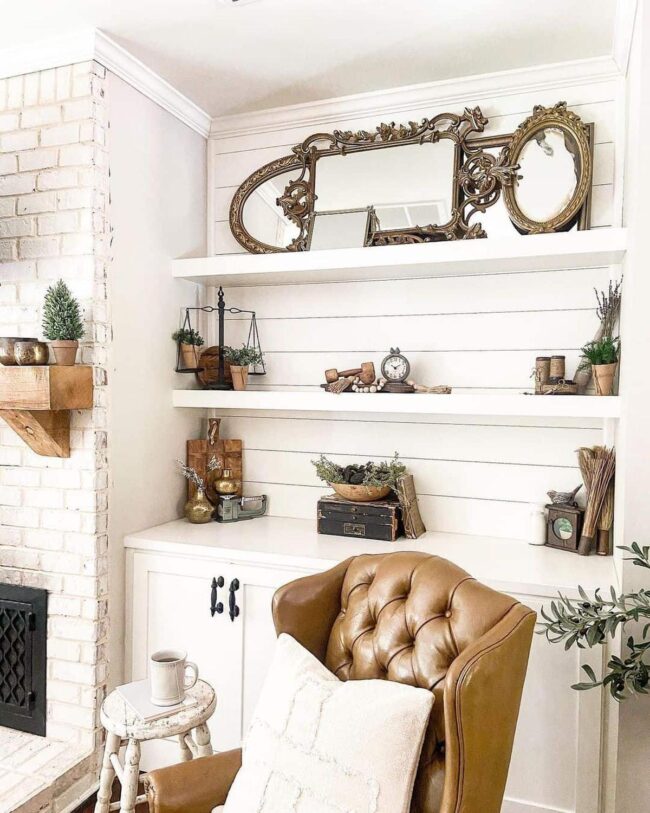 Vintage Shelf Decor for a Modern Farmhouse Living Room