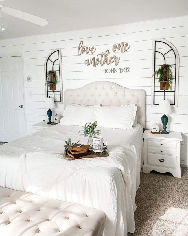 Vintage White Shutter Decor Ideas for a Bedroom Wall