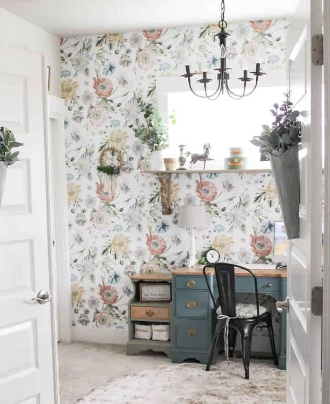 Vibrant Office with Cottagecore Wallpaper