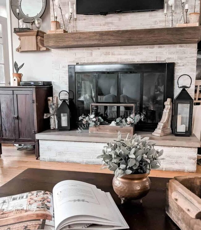 Vintage Mantel and Hearth Decor for a Neutral Living Room
