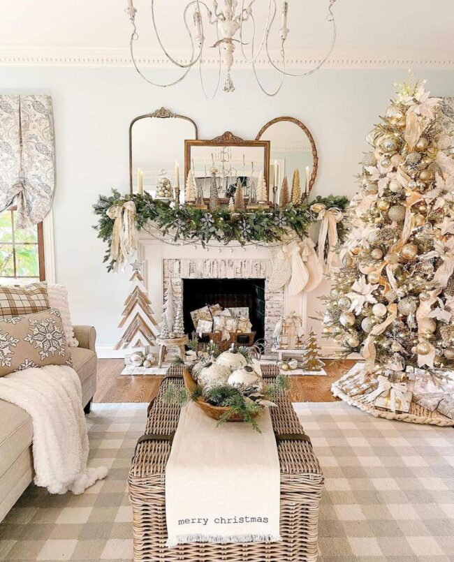 White Christmas Mantel Decor with Vintage Mirrors