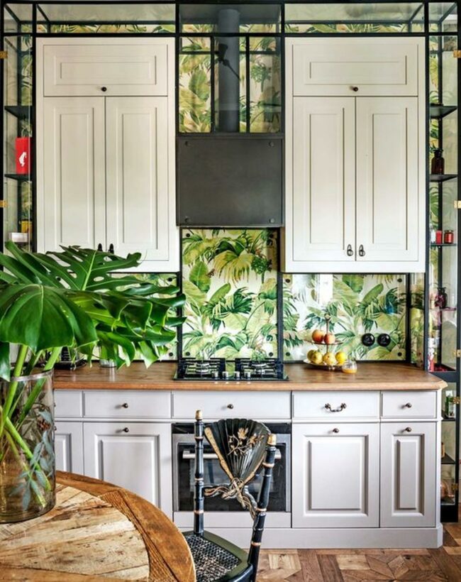 Kitchen With Leafy Wallpaper Design