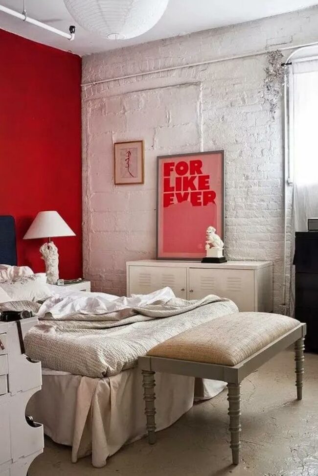 Bold Red Brick Bedroom