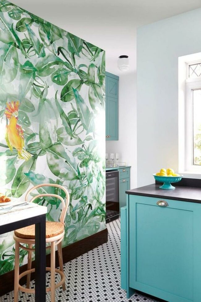 Blue Cabinets Tropical Kitchen
