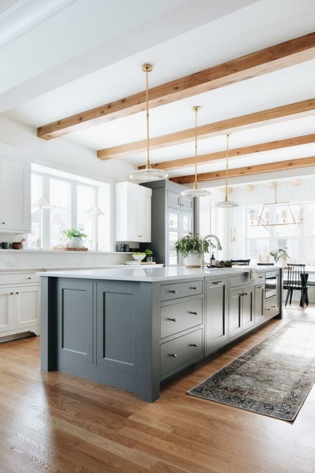 Gray Island Wooden Beam Kitchen