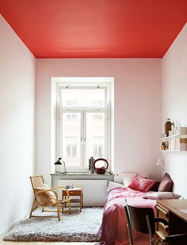 Dramatic Red Ceiling Bedroom