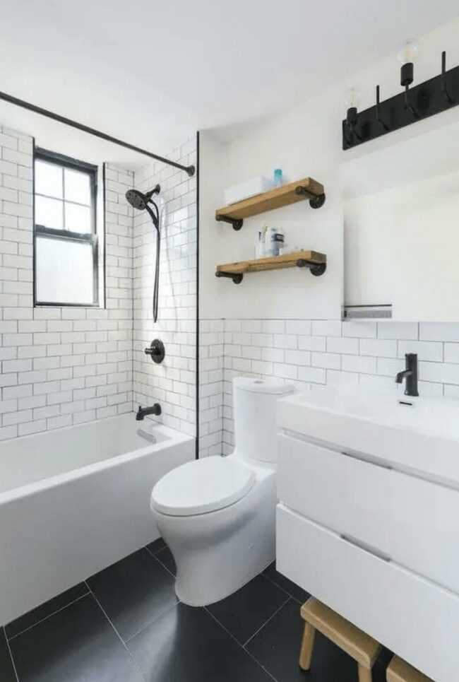 White Tiles Black Contrast Bathroom