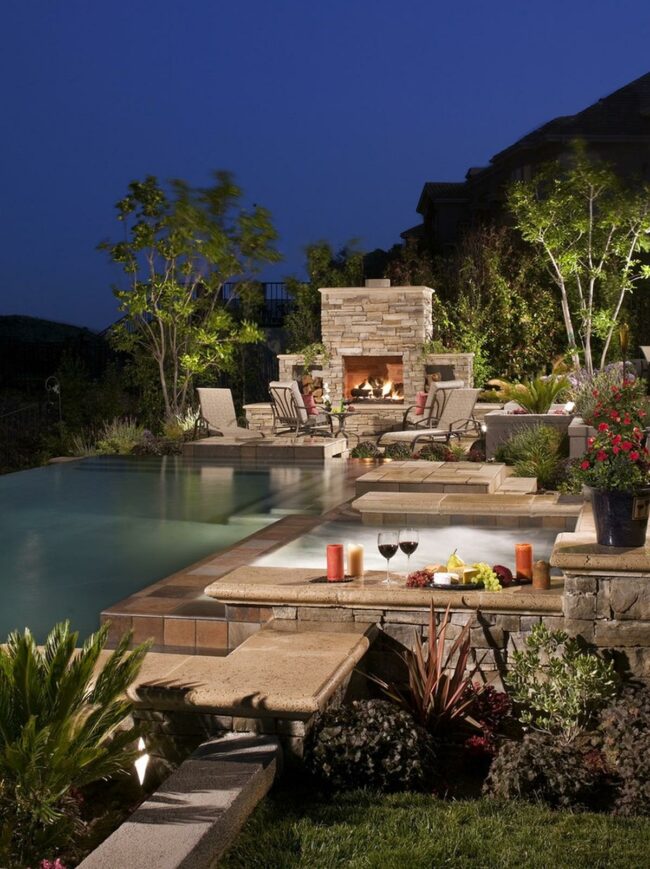 Moonlit Stone Fireplace Oasis