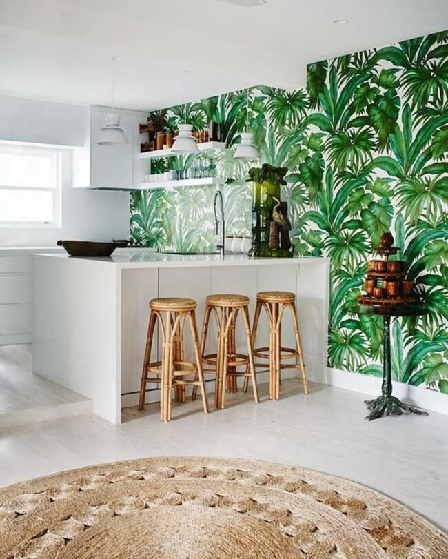 White Kitchen With Green Wallpaper