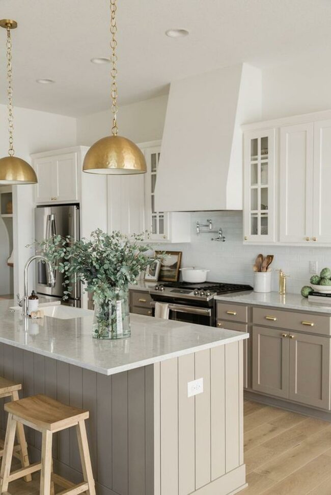 Golden Pendants Marble Kitchen