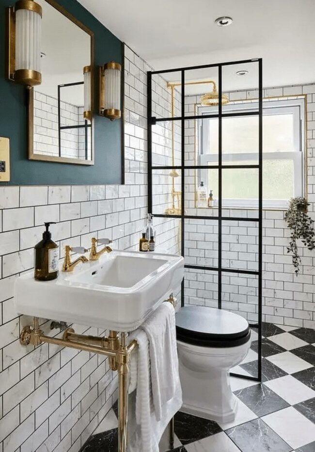 Gold Fixtures White Subway Bathroom
