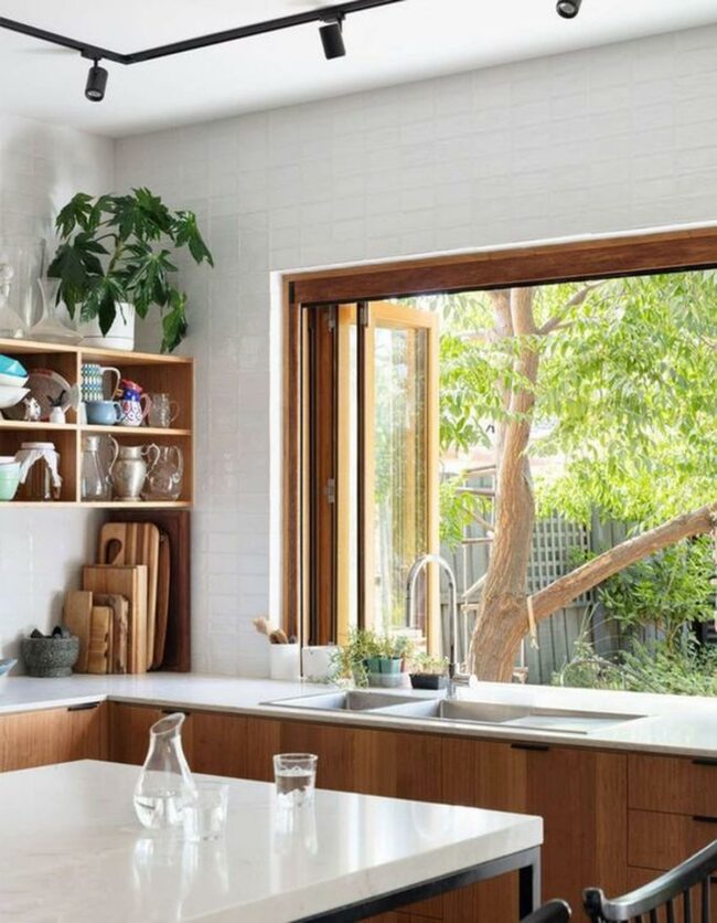 Sunny Green-View Wooden Kitchen