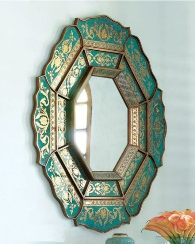 Teal Octagonal Floral Mirror
