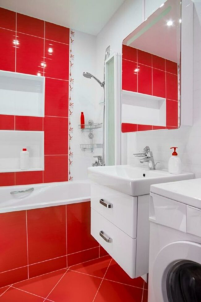 Striking Red Tiles Functional Bathroom