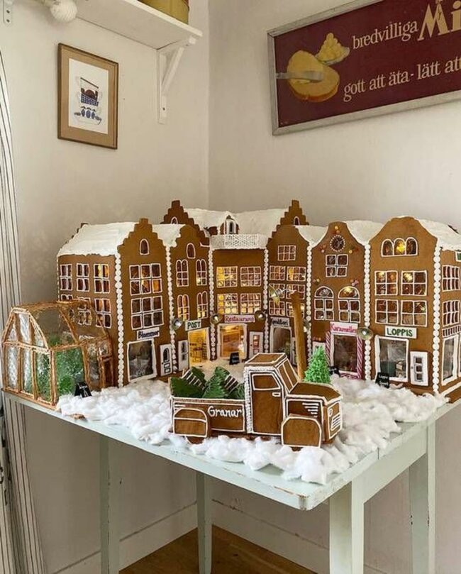 Snowy Gingerbread Village Display