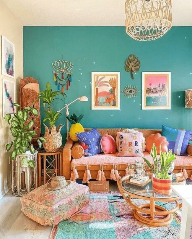 Teal Wall Vibrant Living Space