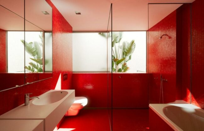 Striking Red Tiles Balanced Bathroom