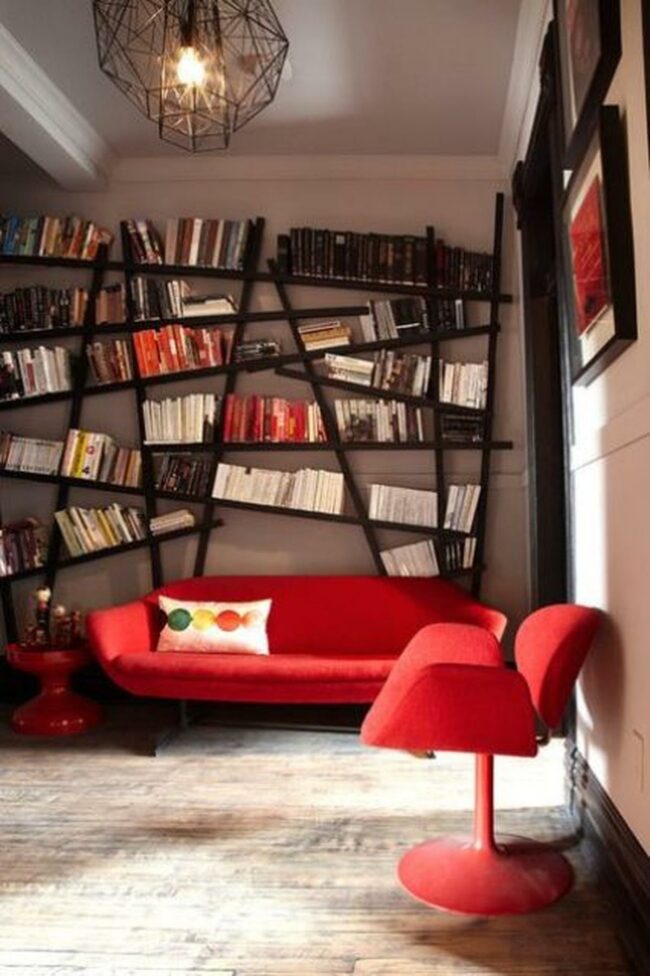 Crimson Seating Meets Metallic Shelves