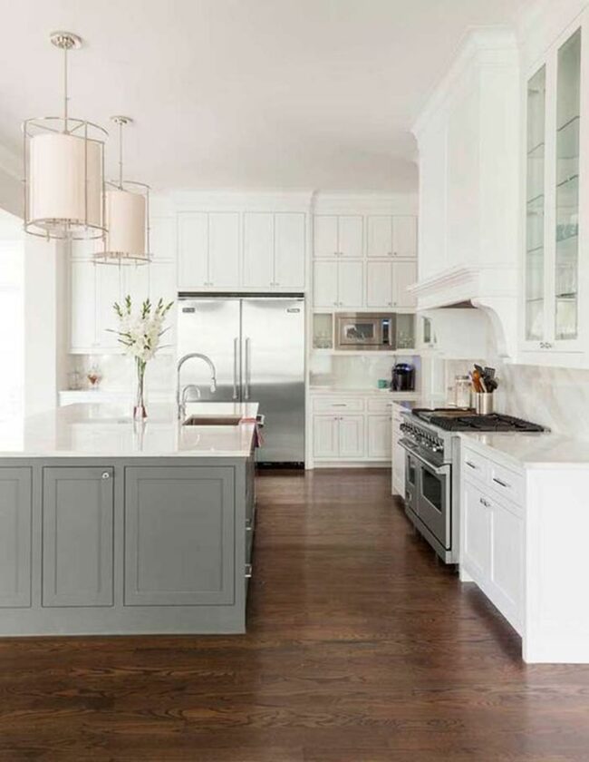 White Cabinets Gray Island