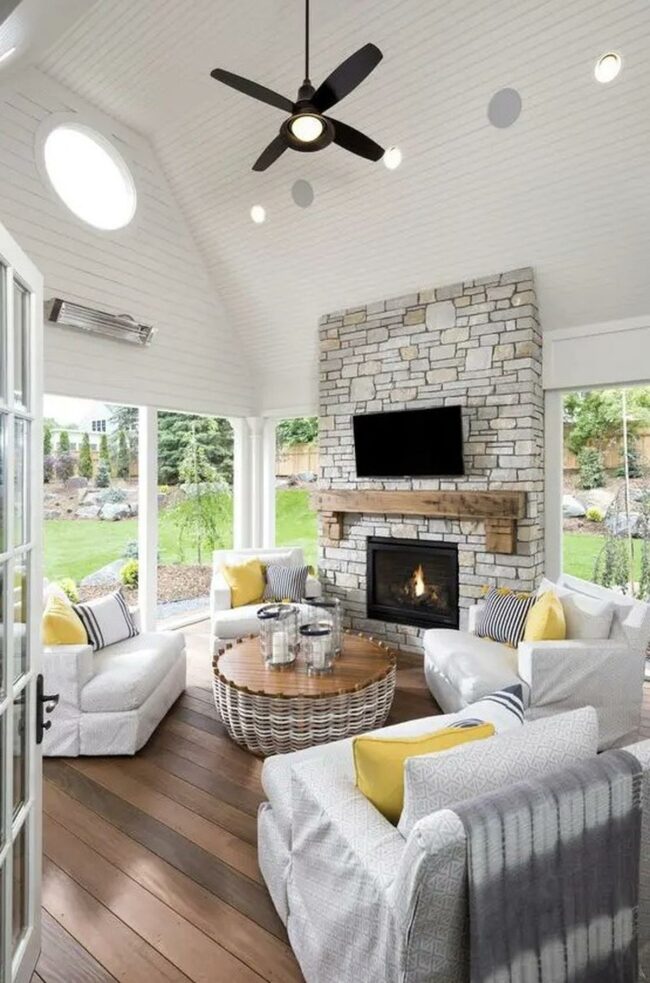White Walls Stone Fireplace Sanctuary